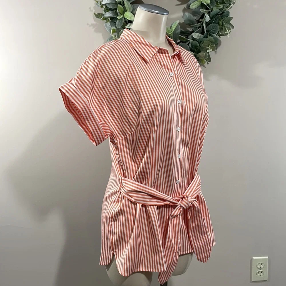 NWT Talbots Tie Waist Button Front Striped Orange… - image 7